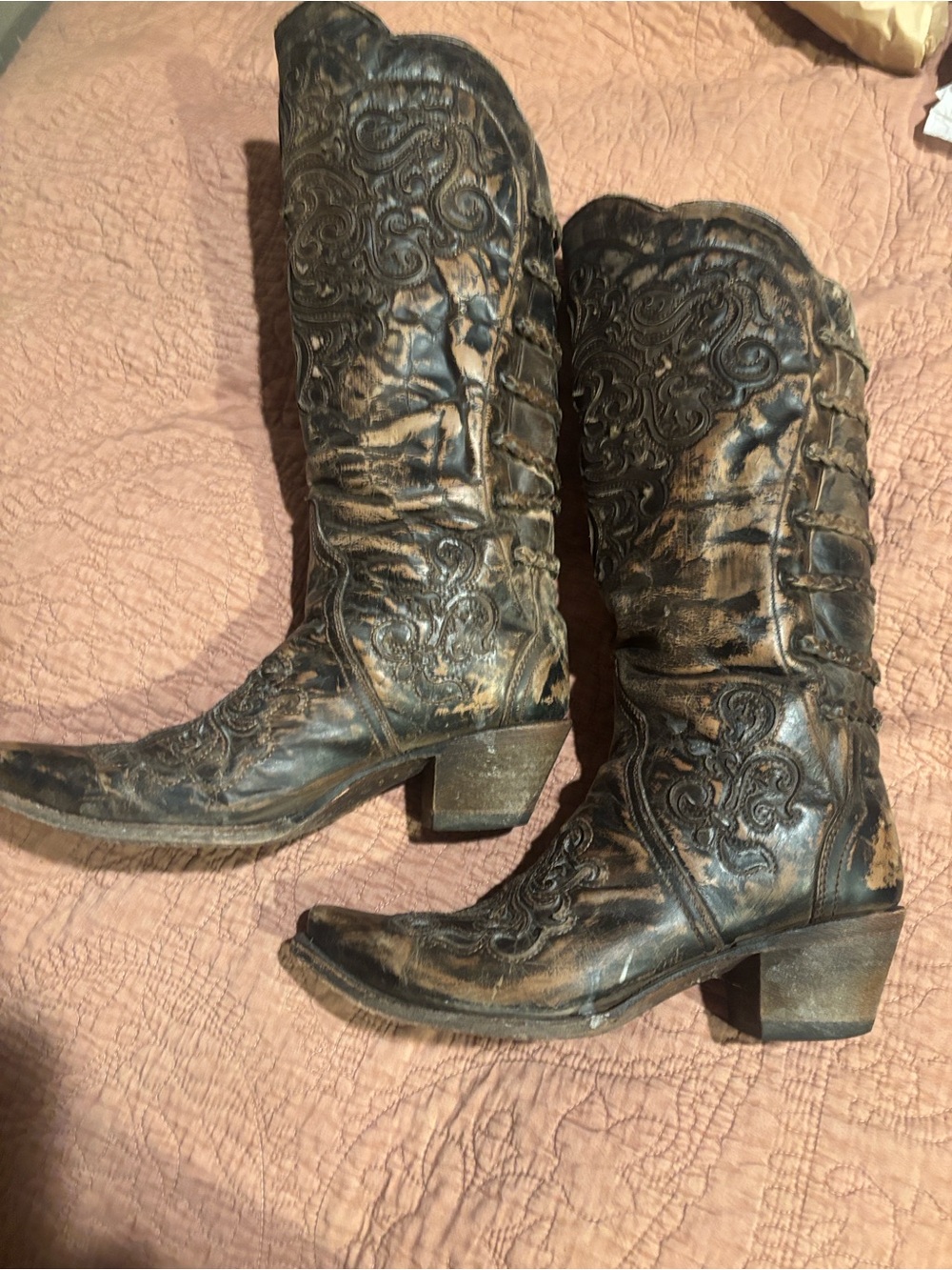 Corral Brown Distressed 9 Embroidered Leather Heeled Boots - Picture 3 of 5